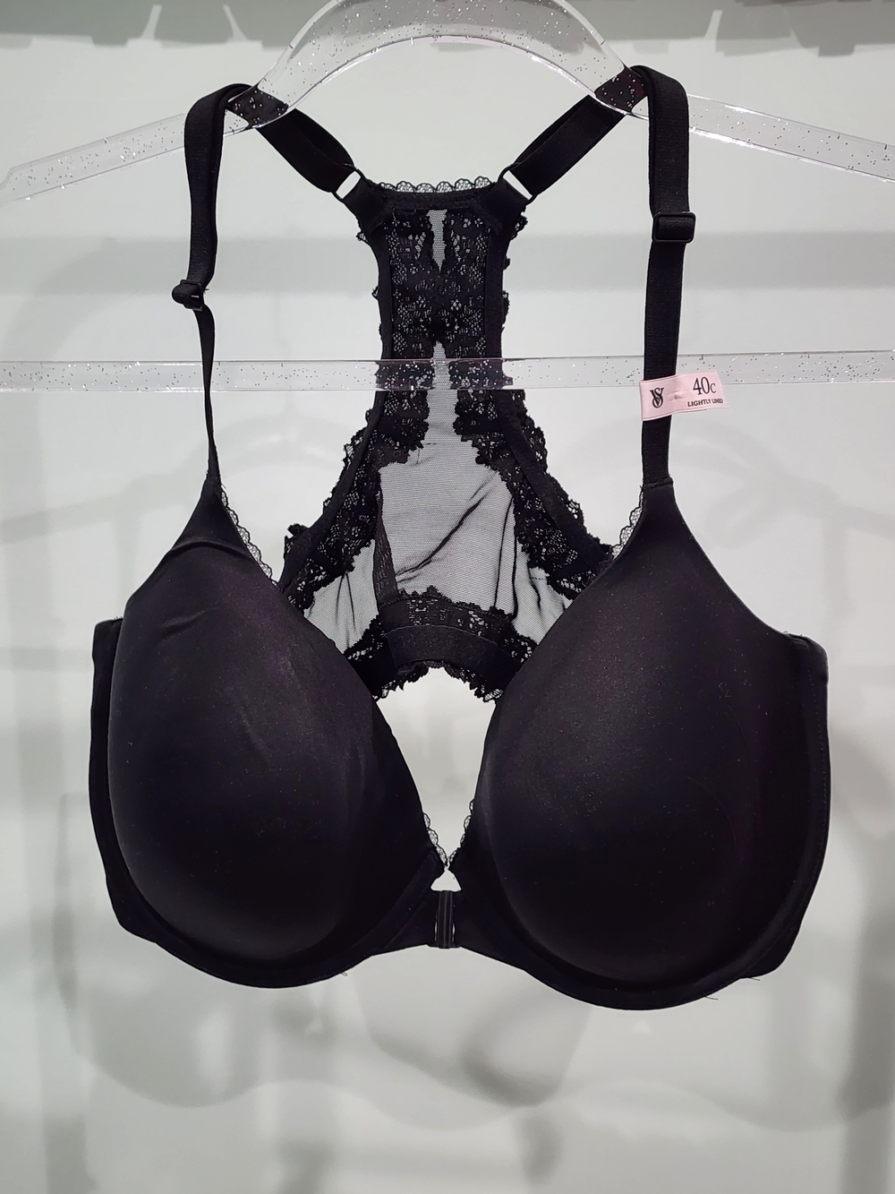 NWT Victoria's Secret Black Lace Racerback Front-Close Bra 40C Lightly Lined